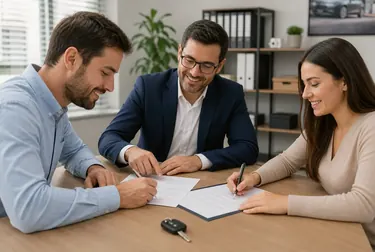 Profissional de despachante mostrando documentos para transferência de veículo a um cliente.
