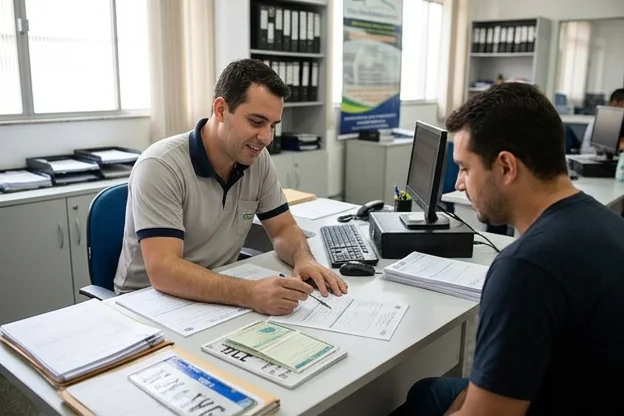 Profissional orientando o cliente sobre transferência de veículo em Cubatão.