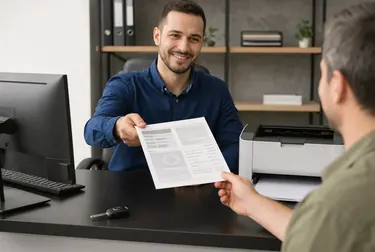 Profissional realizando a impressão de um CRLV-e em um ambiente de trabalho organizado.
