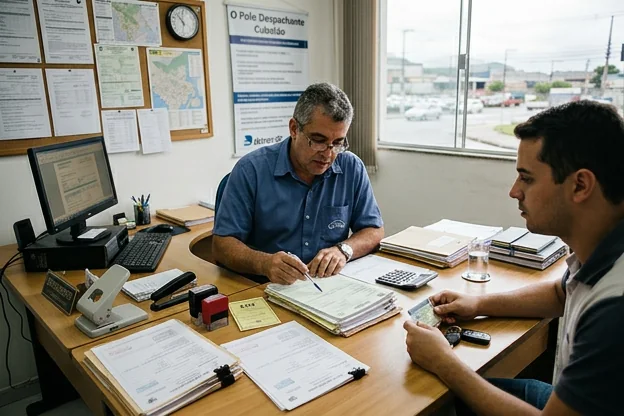 Profissional revisando documentos para venda de veículos em Cubatão.